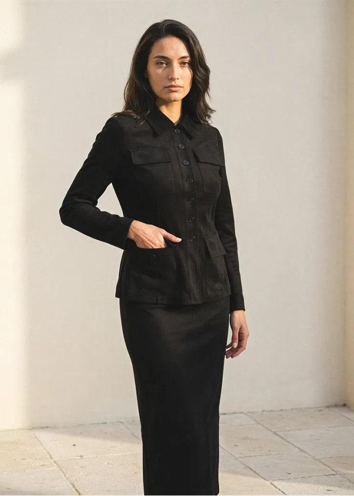 Black Suede Jacket and Skirt Set