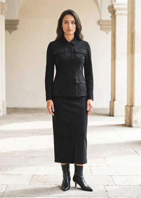 Black Suede Jacket and Skirt Set
