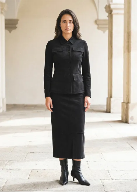 Black Suede Jacket and Skirt Set