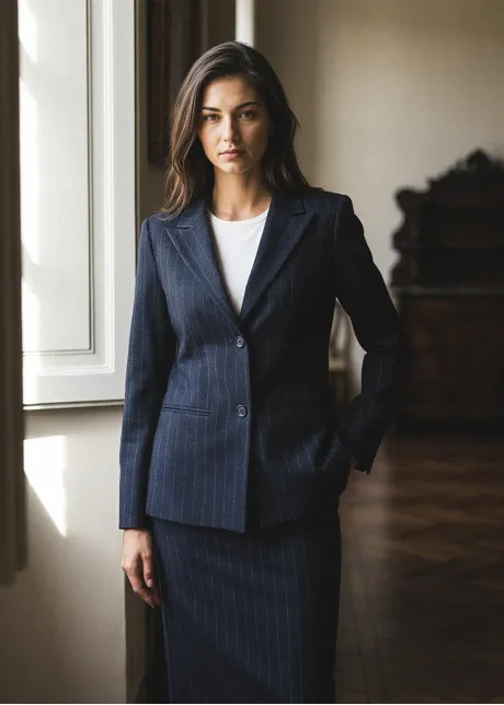 Navy Pinstripe Blazer and Skirt Set