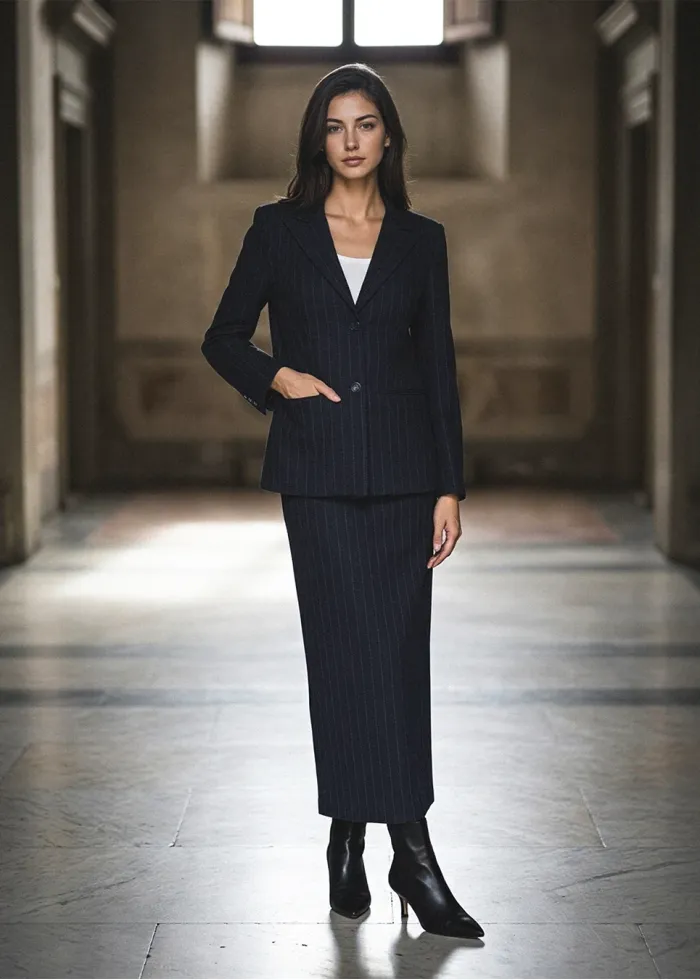 Navy Pinstripe Blazer and Skirt Set
