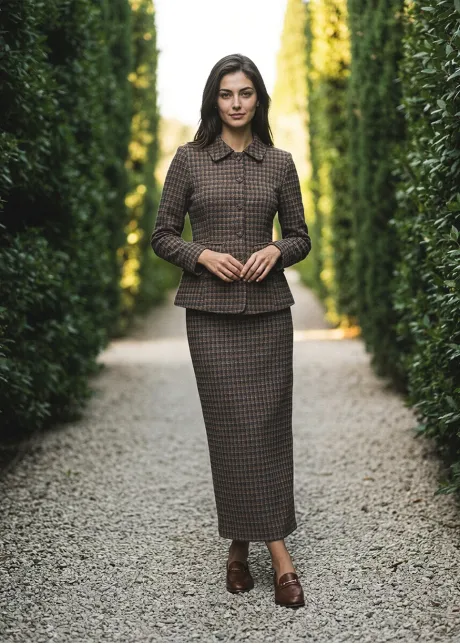 Brown Plaid Jacket and Skirt Set