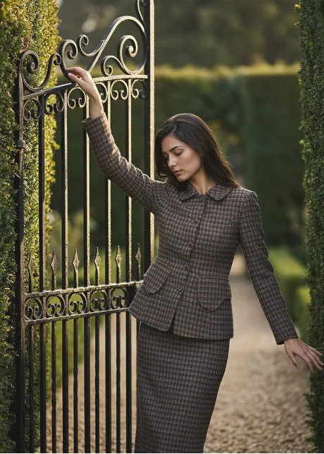 Brown Plaid Jacket and Skirt Set