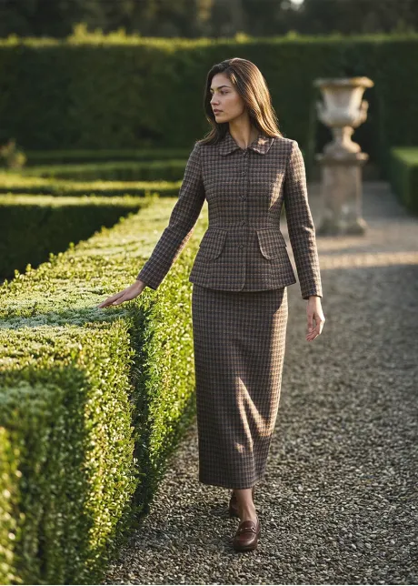 Brown Plaid Jacket and Skirt Set