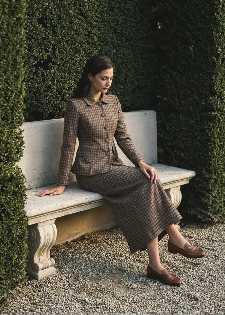 Brown Plaid Jacket and Skirt Set