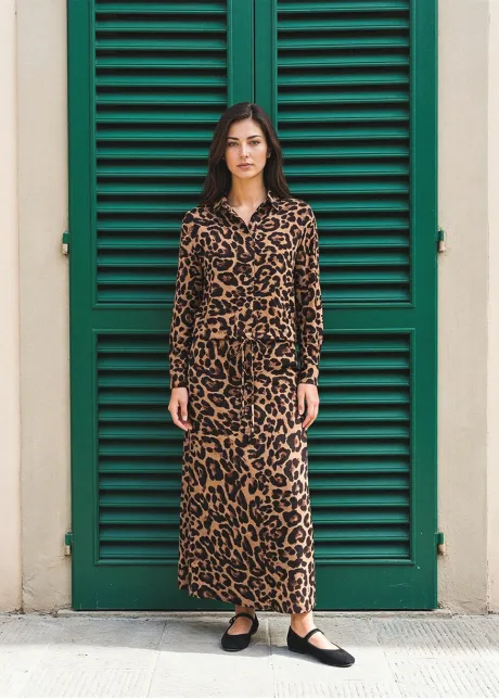 Brown Leopard Print Blouse and Skirt Set