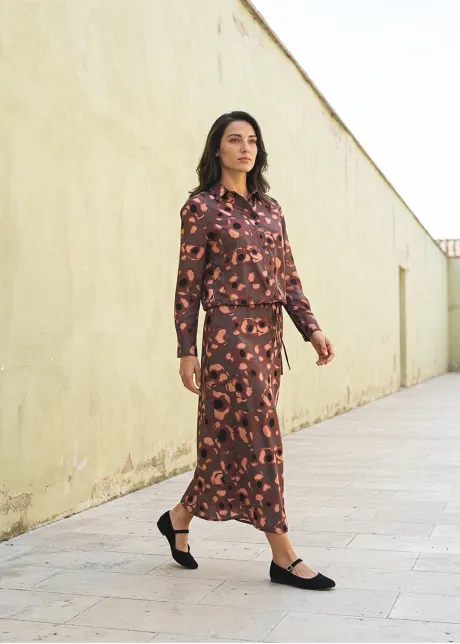 Burgundy Watercolor Floral Blouse and Skirt Set