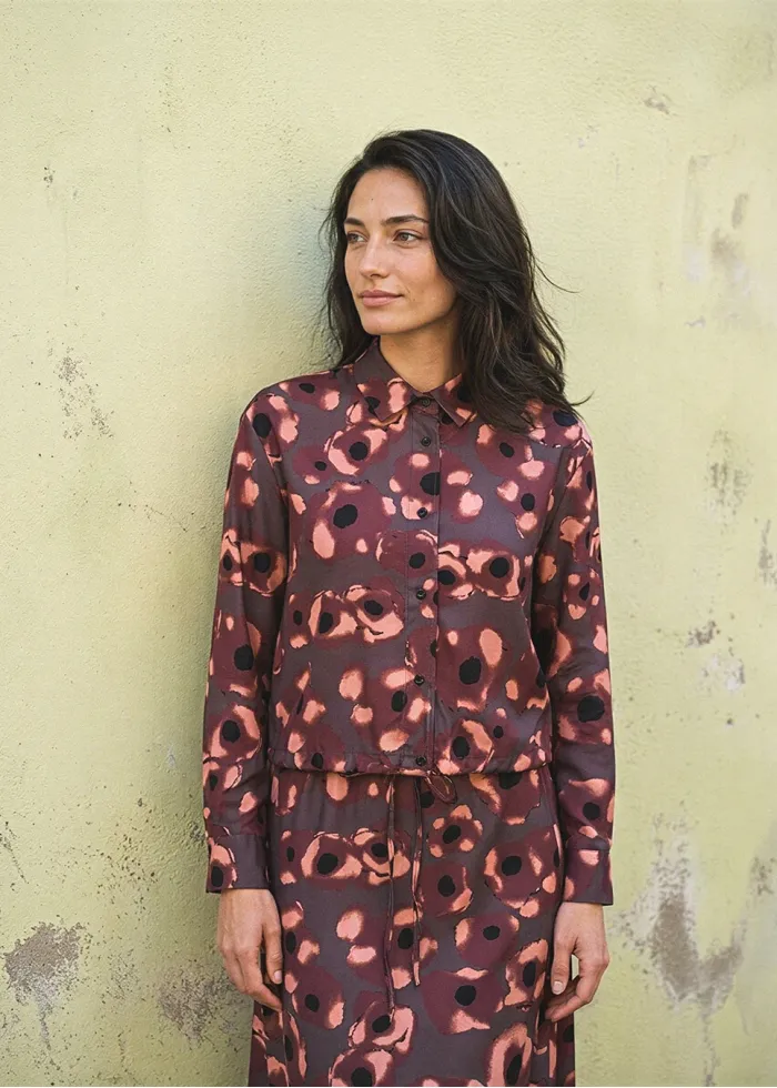 Burgundy Watercolor Floral Blouse and Skirt Set