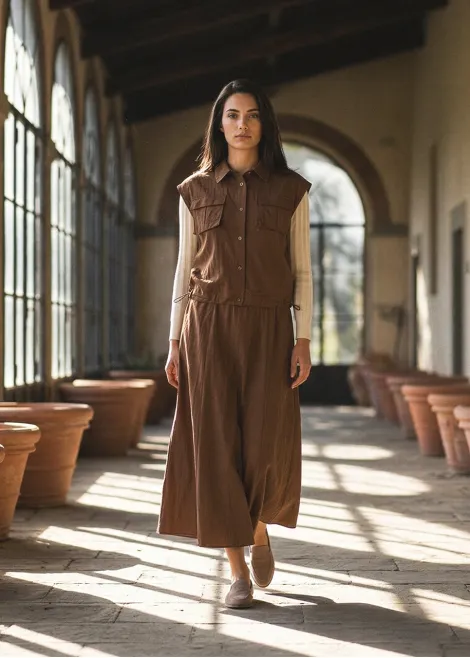 Brown Utility Vest and Skirt Set
