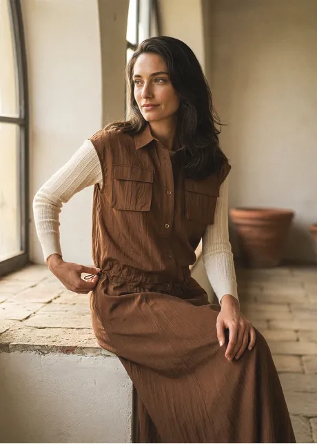 Brown Utility Vest and Skirt Set