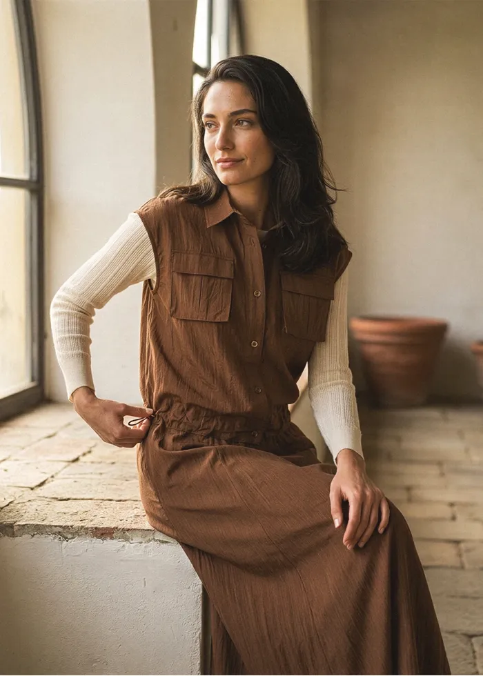Brown Utility Vest and Skirt Set