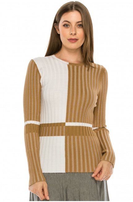 Camel Ribbed Color Block Striped Top