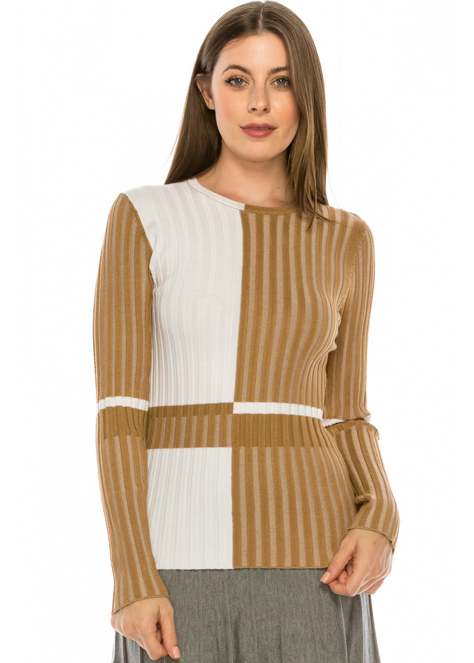 Camel Ribbed Color Block Striped Top