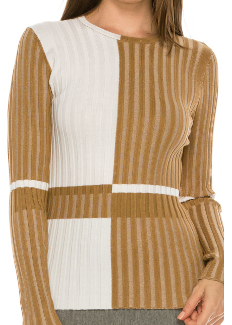 Camel Ribbed Color Block Striped Top
