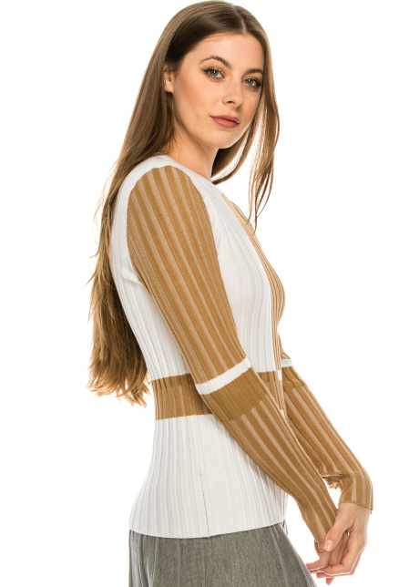 Camel Ribbed Color Block Striped Top