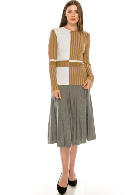 Camel Ribbed Color Block Striped Top