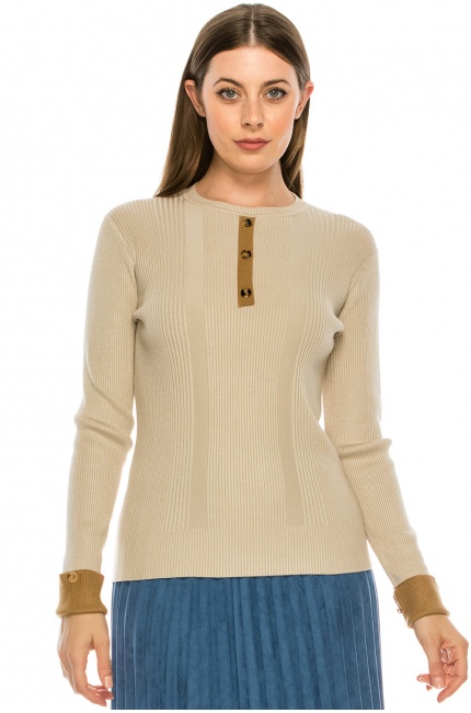 Ribbed Sweater with Large Buttons