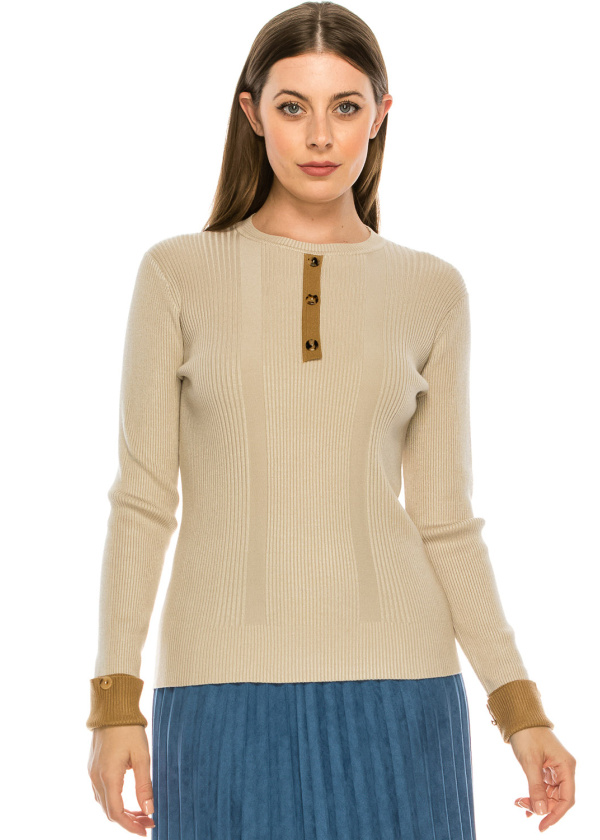 Ribbed Sweater with Large Buttons