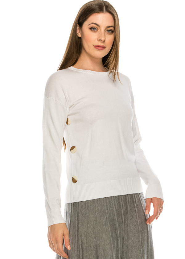 Top with Wooden Button side detailing - White