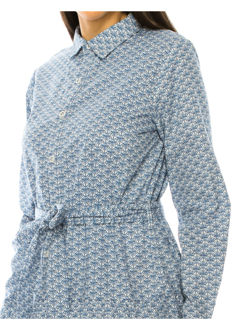Blue Printed Long Sleeve Midi Dress