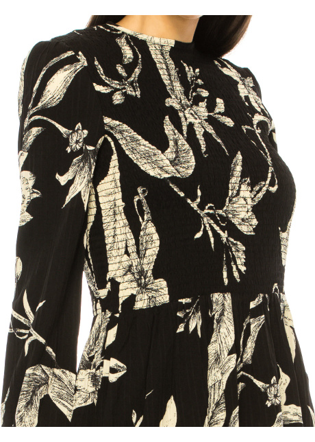 Black Floral Print Smocked Midi Dress
