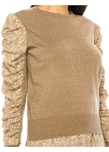 Taupe Sweater With Draped Floral Sleeves