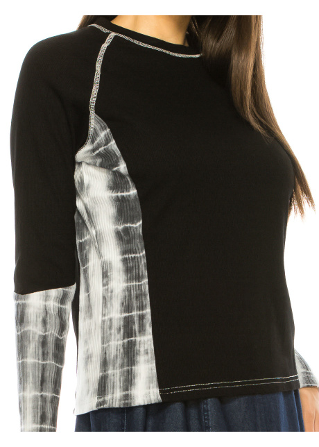 Black Color-Block Long Sleeve T-Shirt With Tie-Dye Details