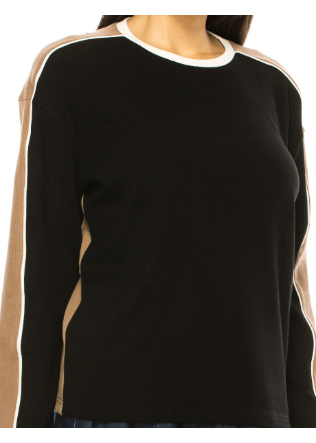 Color Contrast Long Sleeve T-Shirt In Black And Camel