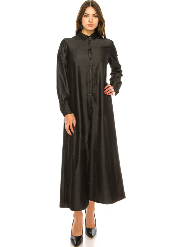 Shirt Collar Black Denim Dress