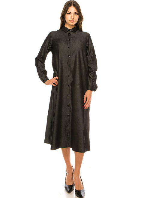 Long Sleeves Black Denim Midi Dress