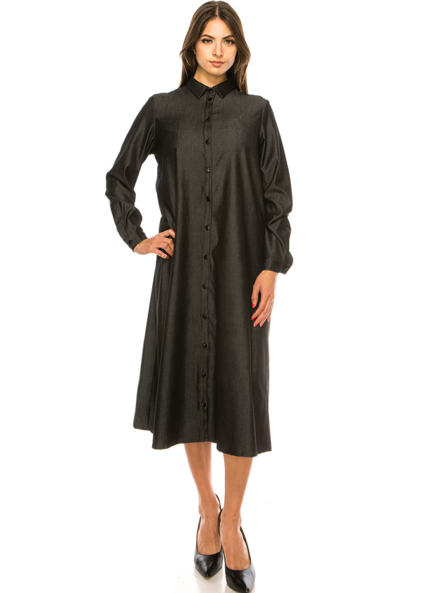 Long Sleeves Black Denim Midi Dress