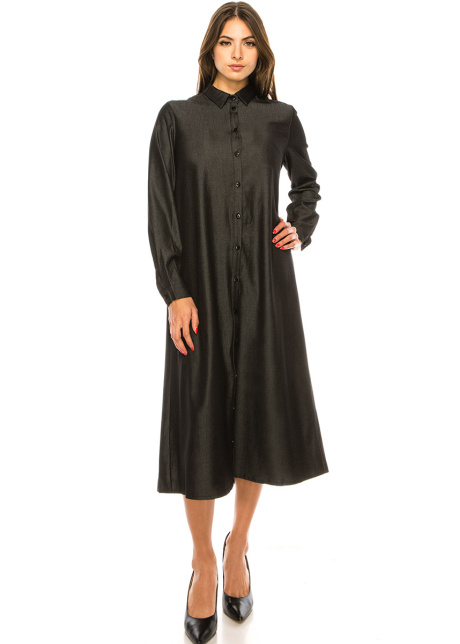 Long Sleeves Black Denim Midi Dress