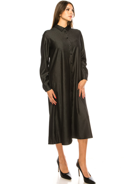 Long Sleeves Black Denim Midi Dress