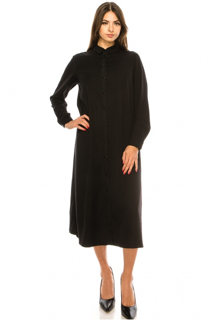 Long Sleeves Black Twill Midi Dress