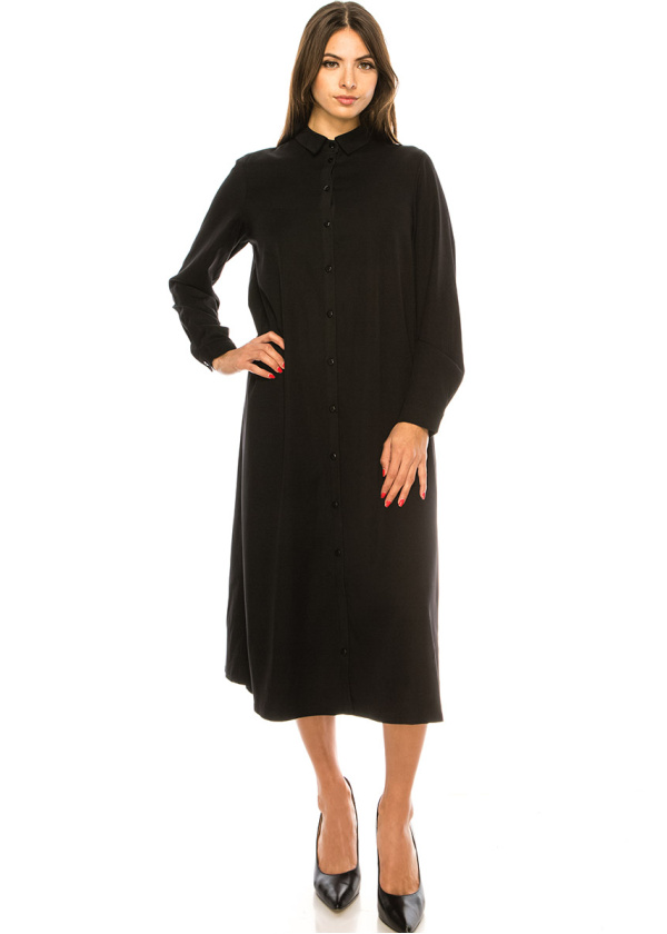 Long Sleeves Black Twill Midi Dress