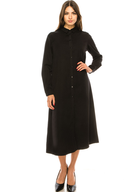 Long Sleeves Black Twill Midi Dress