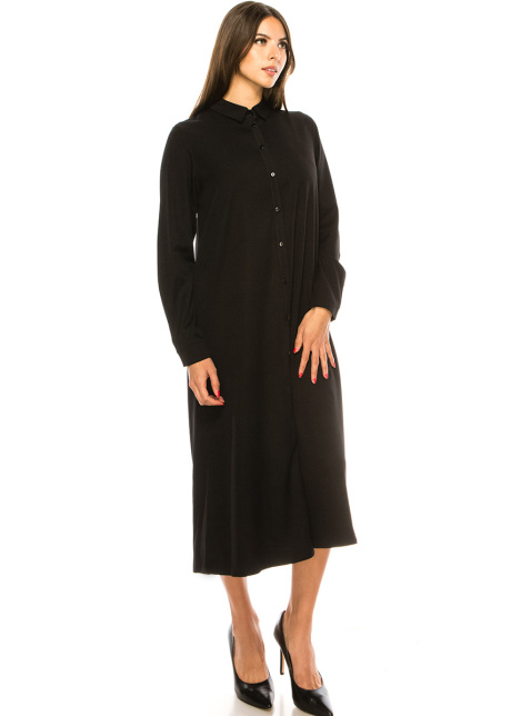 Long Sleeves Black Twill Midi Dress