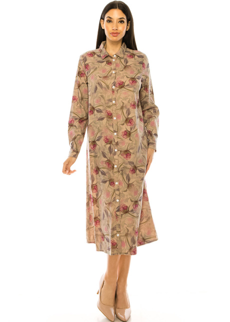 Floral Shirt Collar Dress With Button Closure