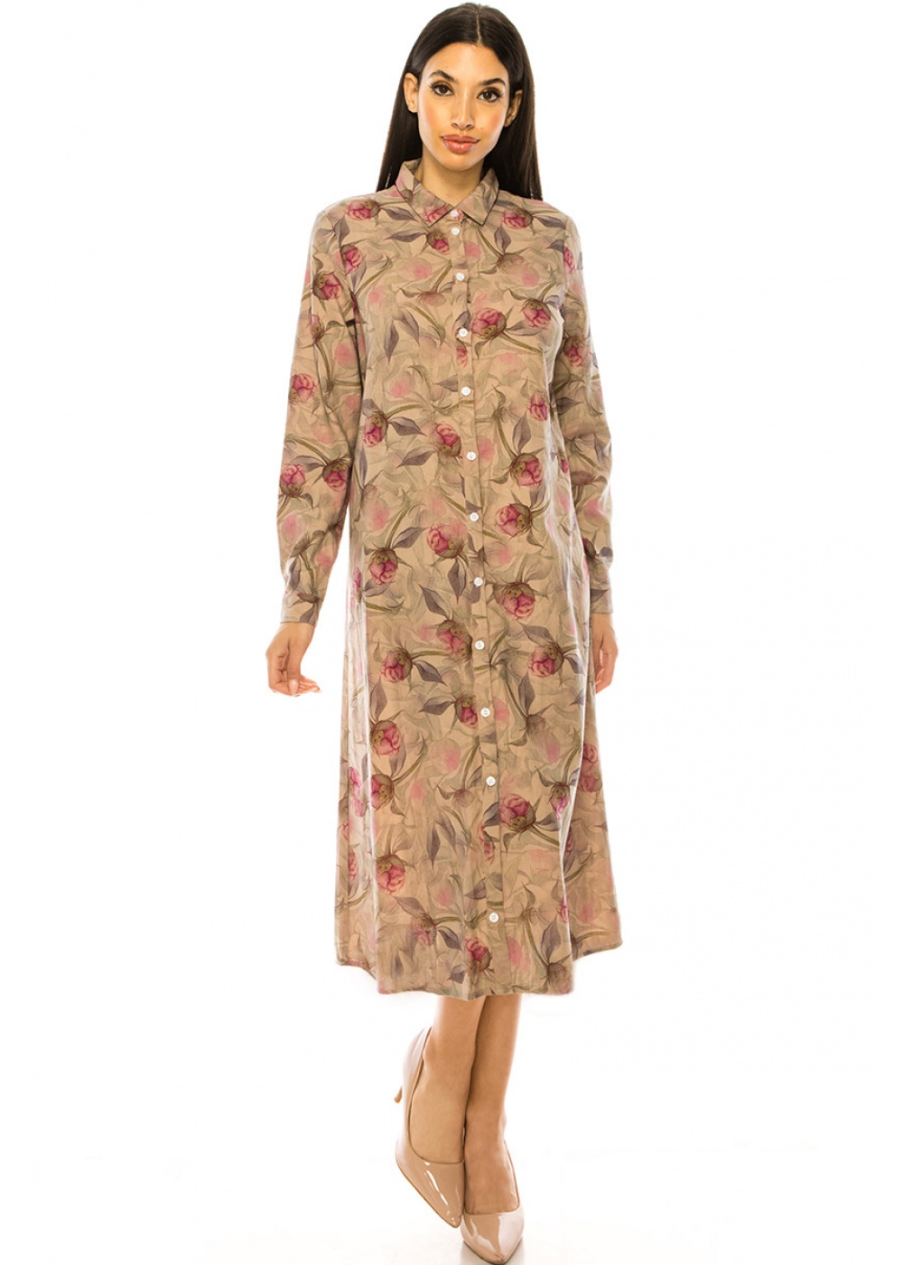 Floral Shirt Collar Dress With Button Closure