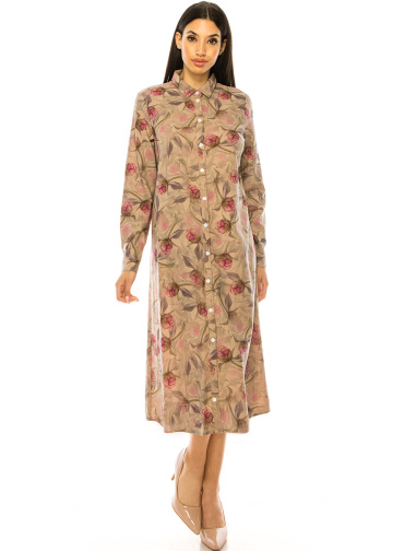 Floral Shirt Collar Dress With Button Closure