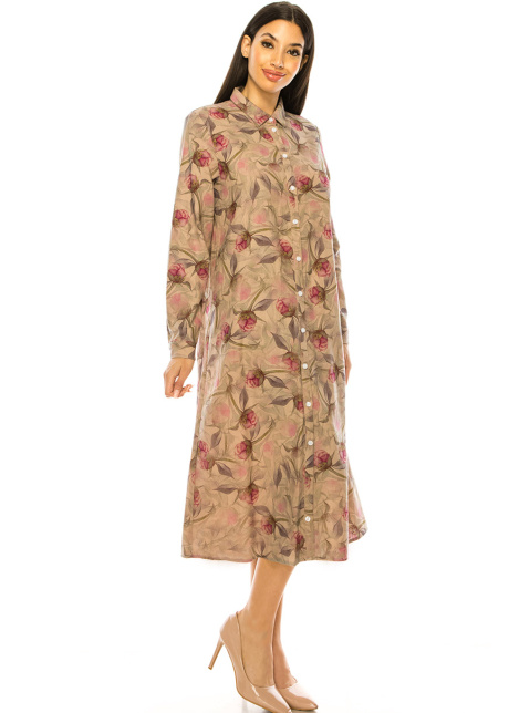 Floral Shirt Collar Dress With Button Closure