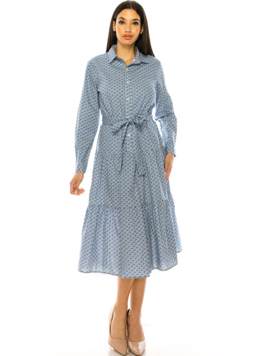 Blue Printed Long Sleeve Midi Dress