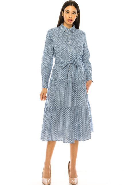 Blue Printed Long Sleeve Midi Dress
