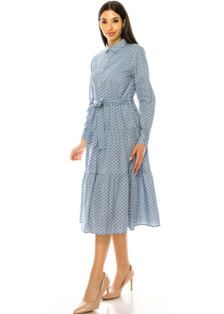 Blue Printed Long Sleeve Midi Dress
