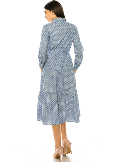 Blue Printed Long Sleeve Midi Dress
