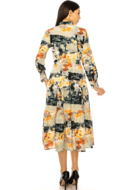 Multi Abstract Print Long Sleeve Midi Dress