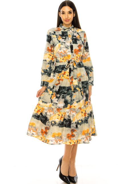Multi Abstract Print Long Sleeve Midi Dress
