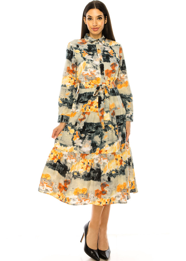Multi Abstract Print Long Sleeve Midi Dress