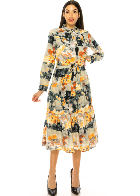 Multi Abstract Print Long Sleeve Midi Dress