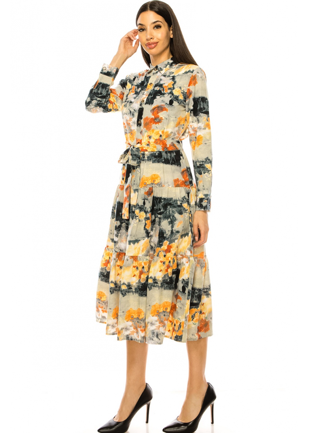 Multi Abstract Print Long Sleeve Midi Dress